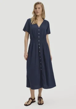 hessnatur Gewebe Kleid mit Taillierung Midi aus reiner Bio-Baumwolle von dunkelblau Hot