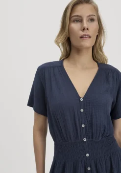 hessnatur Gewebe Kleid mit Taillierung Midi aus reiner Bio-Baumwolle von dunkelblau Hot