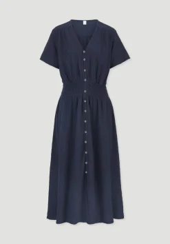 hessnatur Gewebe Kleid mit Taillierung Midi aus reiner Bio-Baumwolle von dunkelblau Hot