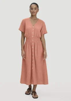 hessnatur Gewebe Kleid mit Taillierung Midi aus reiner Bio-Baumwolle von pfirsichrot Hot