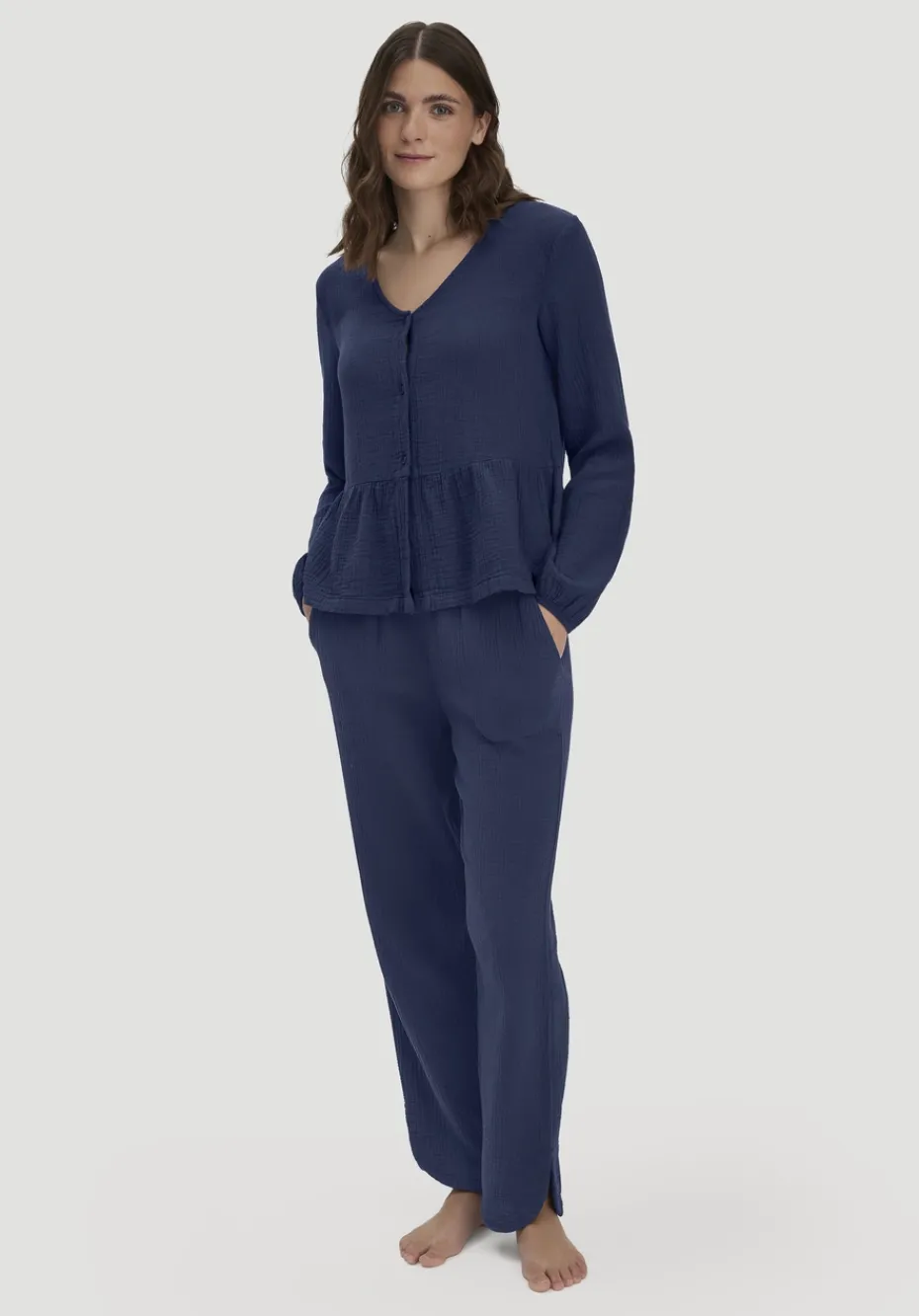 hessnatur Musselin Schlafhose Regular PURE COMFORT aus reiner Bio-Baumwolle von dunkelblau Clearance